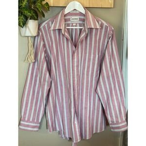 John Weitz Mens Striped Button Down Shirt Burgundy Blue White Size 17 34/35